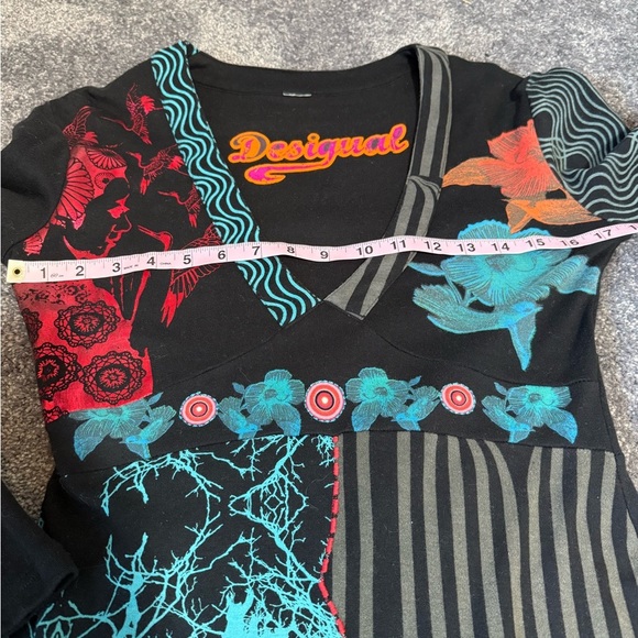 Desigual Black and Teal Artistic Long Sleeve V Neck Dress Women Small - Picture 4 of 7
